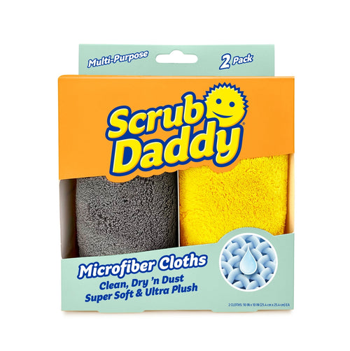 Packaged Scrub Daddy microfiber cloths in yellow and gray visible through branded box
