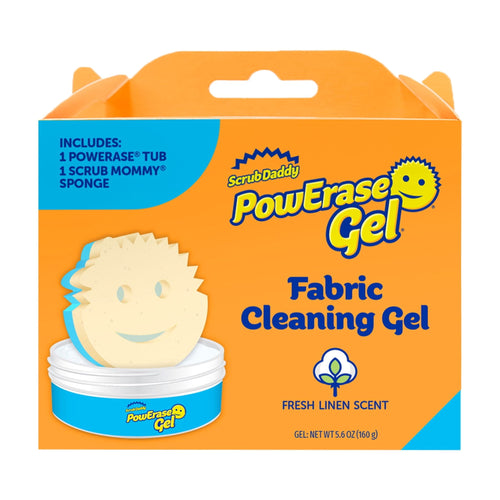 Bright orange Scrub Daddy PowErase Gel boxed package showing product name, smiling sponge illustration and fresh linen scent label
