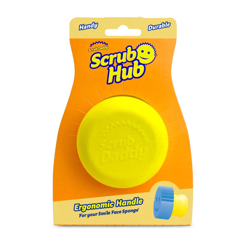 Yellow Scrub Hub ergonomic handle on orange branded Scrub Daddy carded packaging with small product illustration