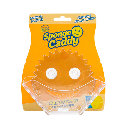 Clear plastic Scrub Daddy Sponge Caddy on orange branded backing card with suction cups and smile face cutout