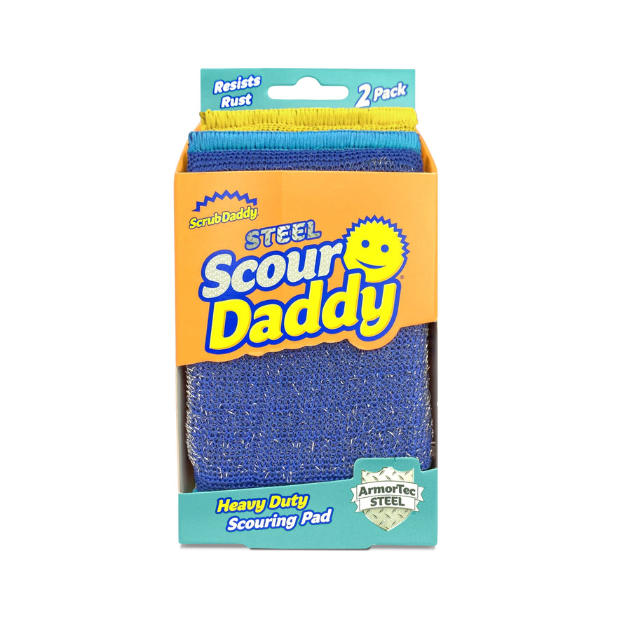 Front-packaging of Scrub Daddy Steel Scour Daddy heavy-duty scouring pad showing branding and blue pad