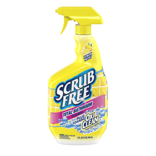 Yellow Scrub Free spray bottle with lemon scent label and OxiClean logo on white background
