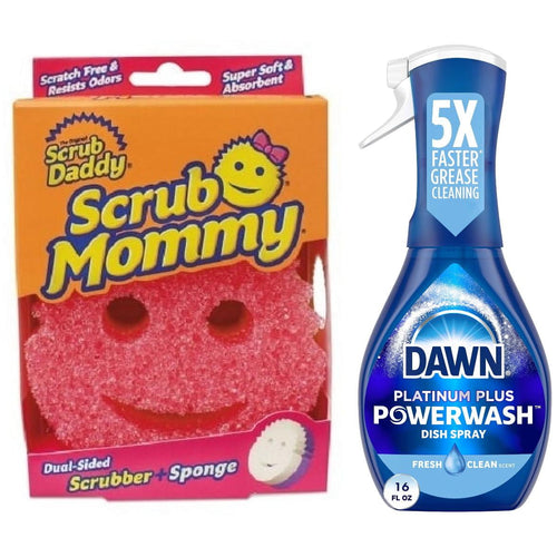 Side-by-side product image showing a pink Scrub Daddy Scrub Mommy scrubber in orange box and a blue Dawn Platinum Plus Powerwash spray bottle