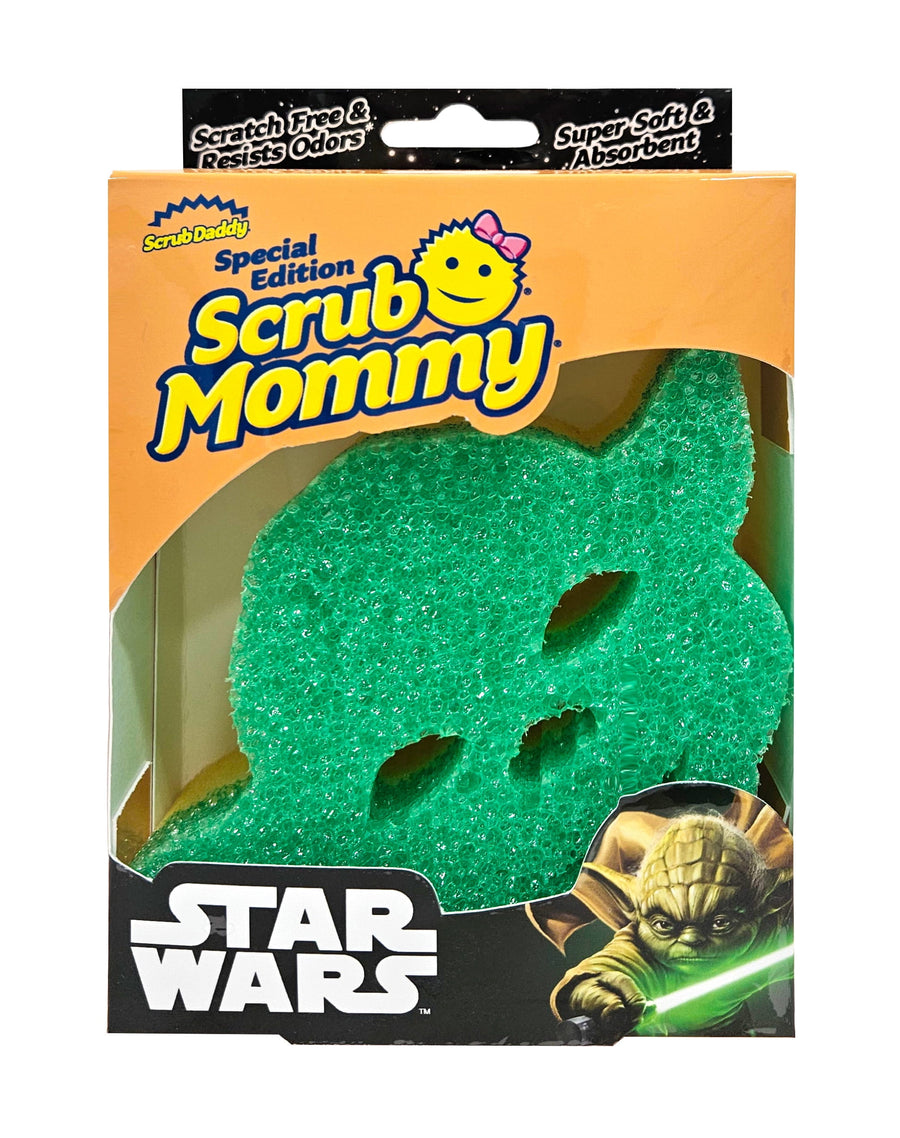 Front-pack photo of Scrub Mommy special edition green Yoda-shaped sponge in Star Wars packaging