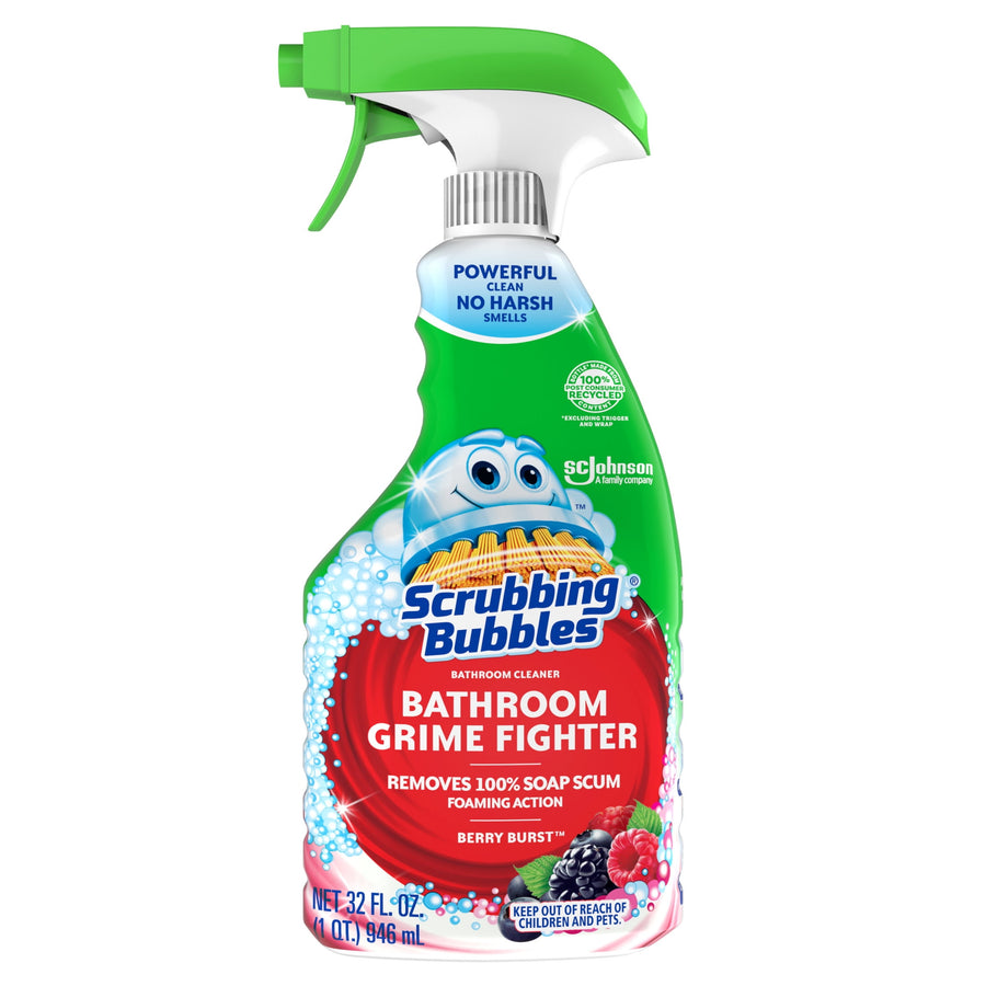 Front view of a Scrubbing Bubbles Bathroom Grime Fighter spray bottle with berry imagery and Scrubbing Bubbles logo