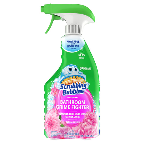 Front-facing bottle of Scrubbing Bubbles Bathroom Grime Fighter spray with floral graphics and Floral Fusion label.