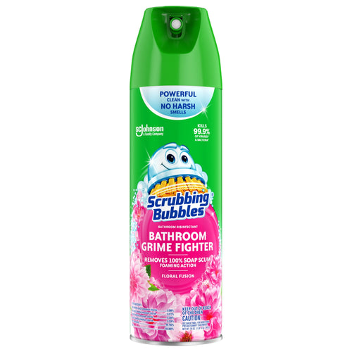 Front-facing aerosol can of Scrubbing Bubbles Bathroom Grime Fighter in Floral Fusion with brand logo and floral graphics