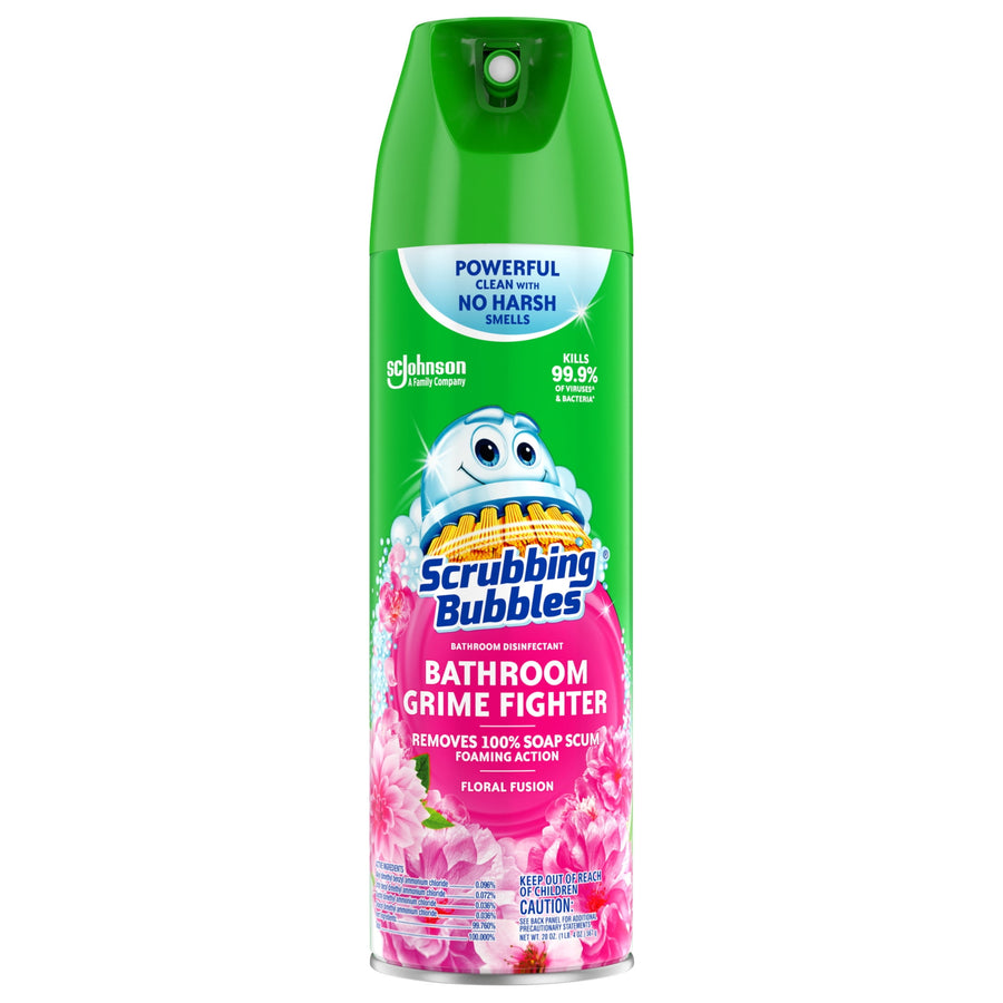 Front-facing aerosol can of Scrubbing Bubbles Bathroom Grime Fighter in Floral Fusion with brand logo and floral graphics