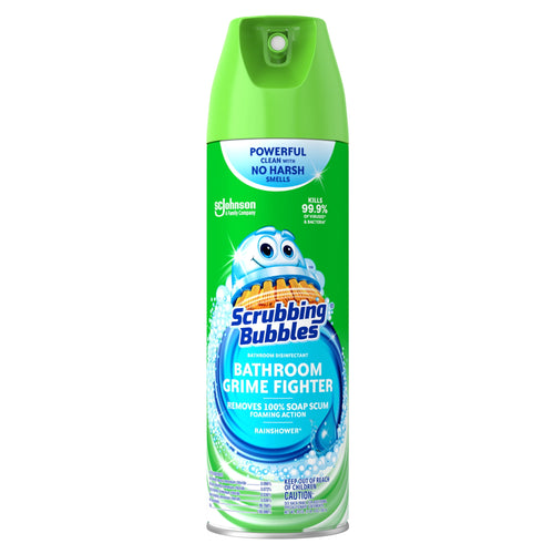 Front view of a green Scrubbing Bubbles Bathroom Grime Fighter aerosol can with Rainshower label