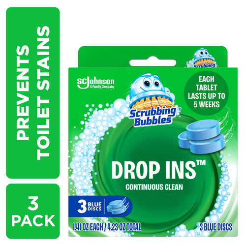 Front-facing Scrubbing Bubbles Drop Ins green retail box showing brand logo and blue tablet illustration