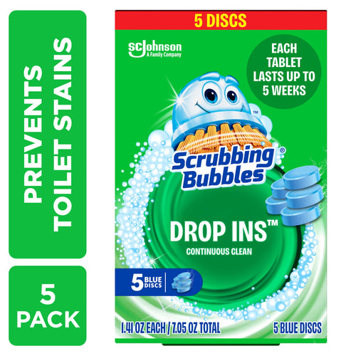 Front-facing Scrubbing Bubbles Drop-Ins box with green swirl artwork and stacked blue tablets