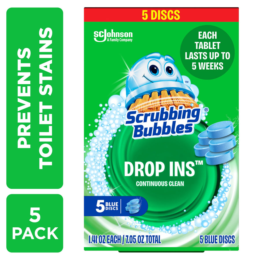 Front-facing Scrubbing Bubbles Drop-Ins box with green swirl artwork and stacked blue tablets