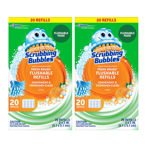Two Scrubbing Bubbles Fresh Brush flushable refill boxes with citrus graphics and '20 refills' label on front.