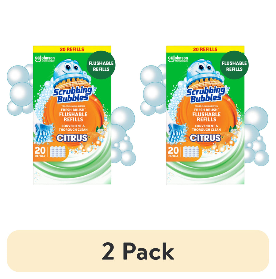 Two Scrubbing Bubbles Fresh Brush Citrus refill boxes shown side by side with bubbles and citrus graphics