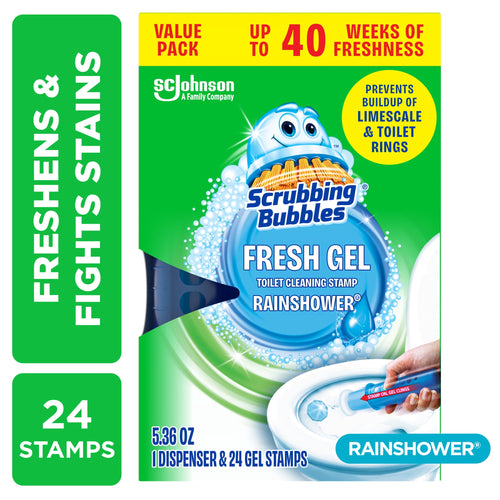 Scrubbing Bubbles Fresh Gel Rainshower value pack front packaging showing brand logo, product image and hand applying stamp to toilet bowl.