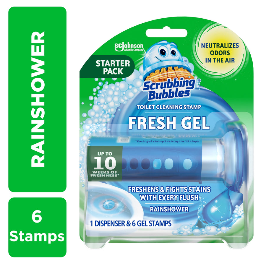 Scrubbing Bubbles Fresh Gel toilet cleaning stamp starter pack in retail blister pack with product visible