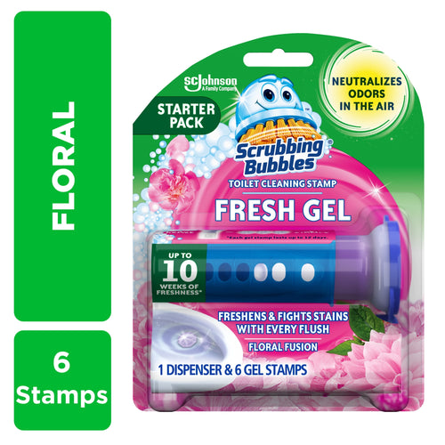 Scrubbing Bubbles Fresh Gel toilet stamp starter pack in retail blister packaging with floral graphics and dispenser visible.