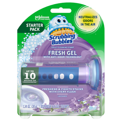 Scrubbing Bubbles Fresh Gel starter pack blister card showing dispenser and lavender gel stamps