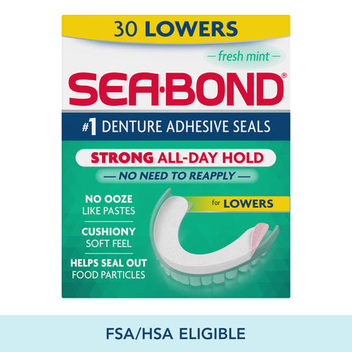 Sea•Bond branded retail box front showing denture adhesive seals for lowers with product benefits and FSA/HSA eligible banner