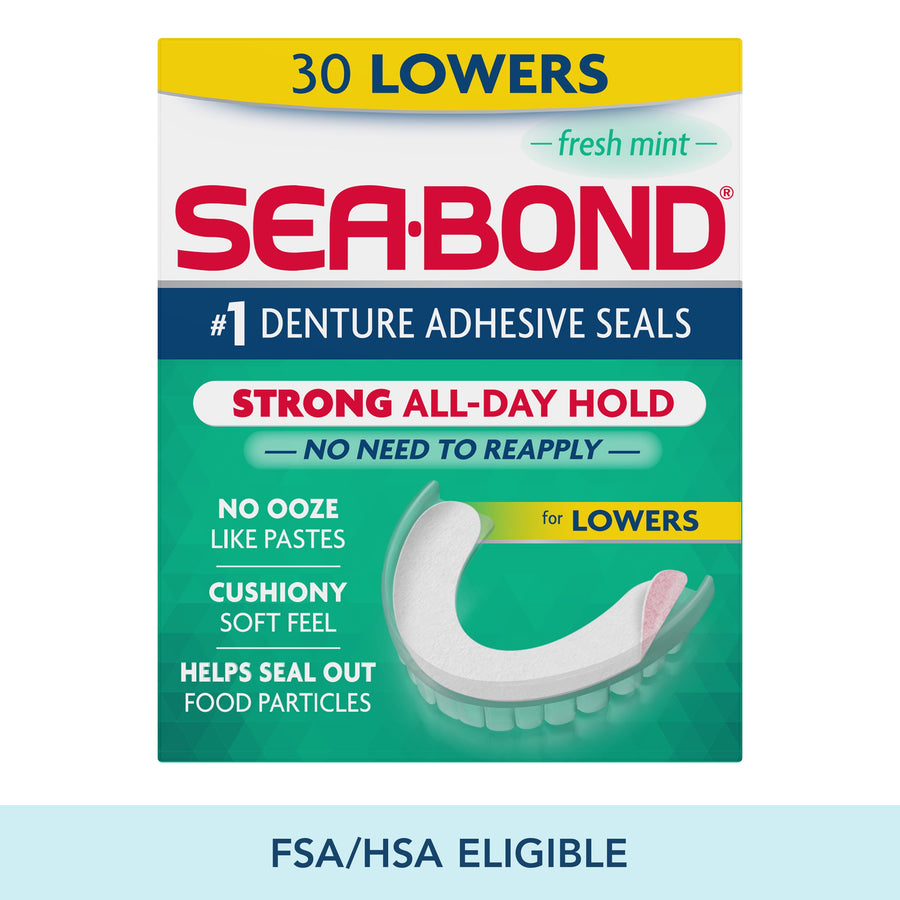 Sea•Bond branded retail box front showing denture adhesive seals for lowers with product benefits and FSA/HSA eligible banner