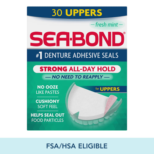 Front packaging of Sea-Bond denture adhesive seals for uppers with brand logo and product benefits listed