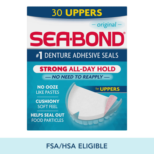 Front-facing product box for SEA·BOND denture adhesive seals for uppers with branding and feature callouts