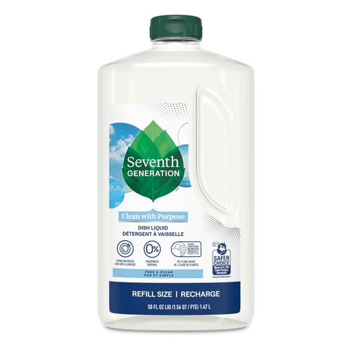 Clear plastic Seventh Generation dish liquid refill bottle with green cap and blue label reading dish liquid refill size 50 fl oz.