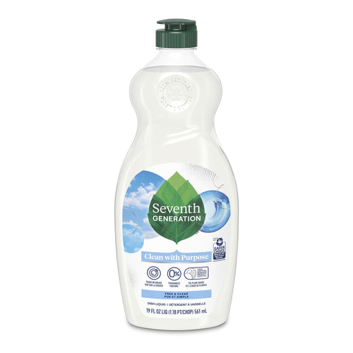 Front view of a clear plastic bottle of Seventh Generation dish soap Free & Clear with green cap and leaf logo on label