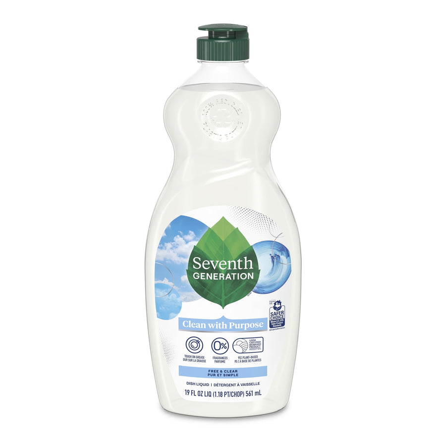 Front view of a clear plastic bottle of Seventh Generation dish soap Free & Clear with green cap and leaf logo on label