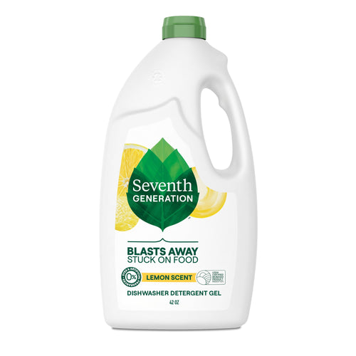 Single full view of a Seventh Generation lemon-scent dishwasher detergent gel bottle on a white background.