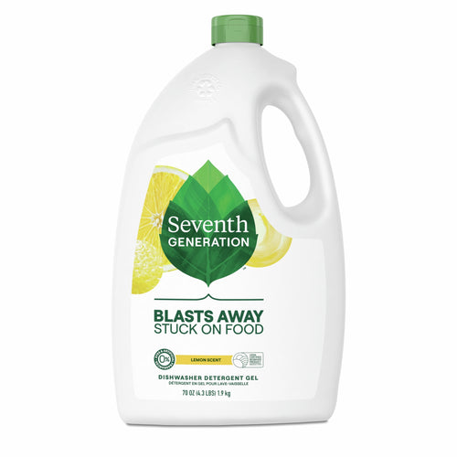 White plastic jug of Seventh Generation dishwasher detergent gel with green leaf logo and lemon graphics on the label.