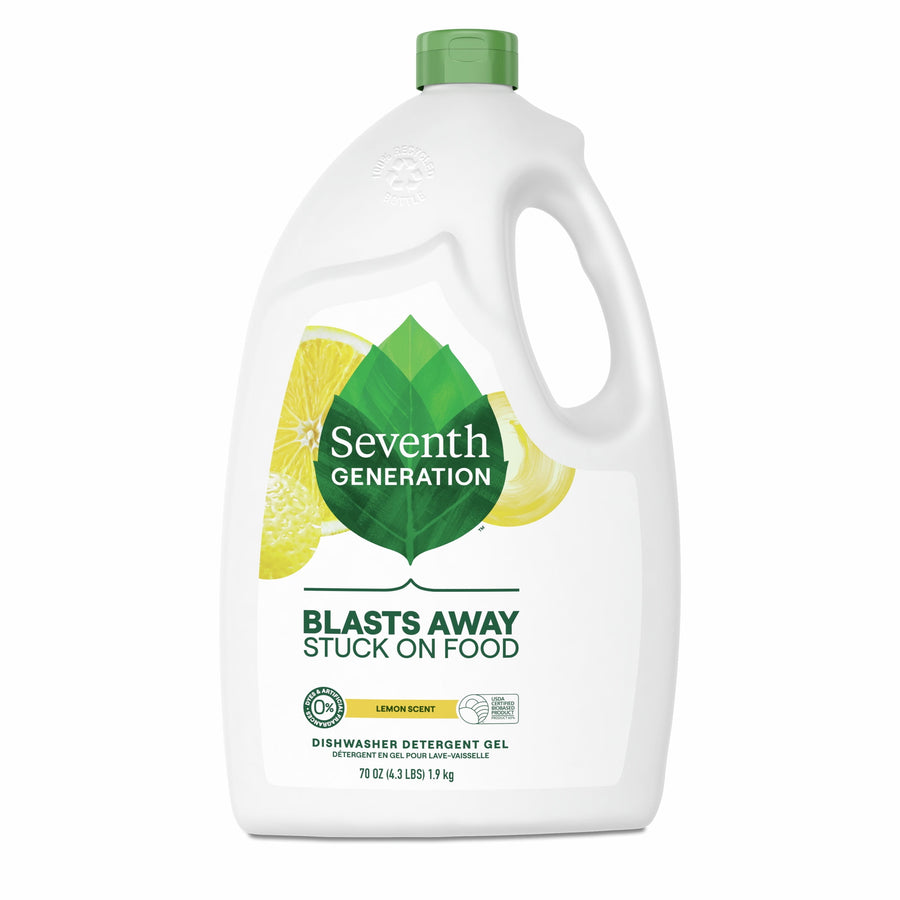 White plastic jug of Seventh Generation dishwasher detergent gel with green leaf logo and lemon graphics on the label.