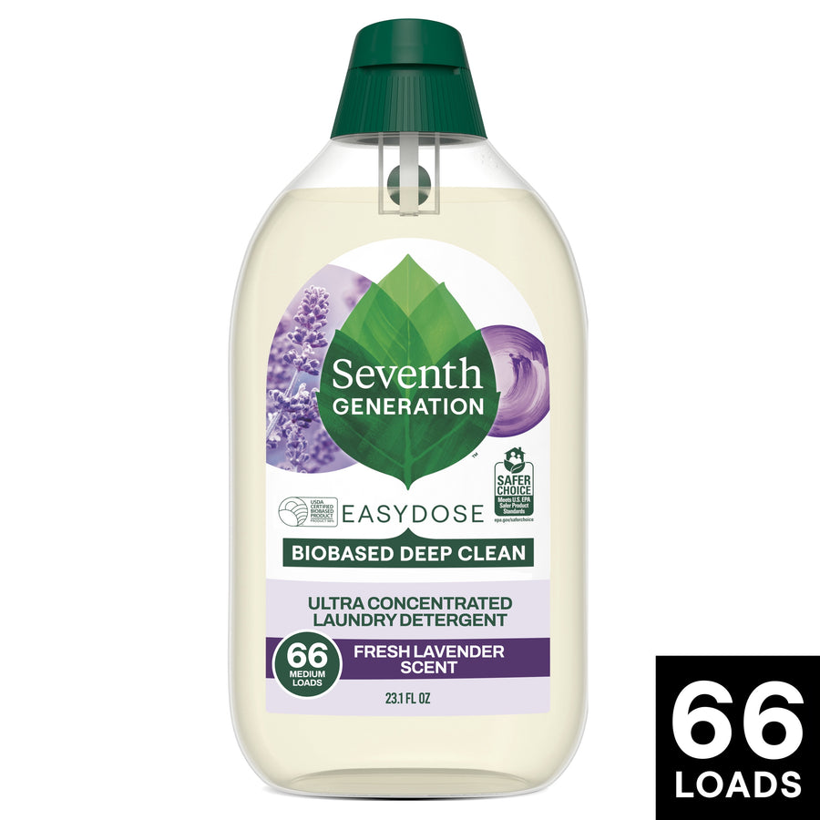 Seventh Generation EasyDose concentrated laundry detergent bottle with lavender label and green cap on white background.