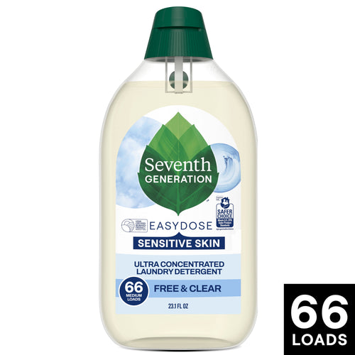 Clear bottle of Seventh Generation EasyDose Sensitive Skin ultra concentrated liquid laundry detergent with green cap and product label.