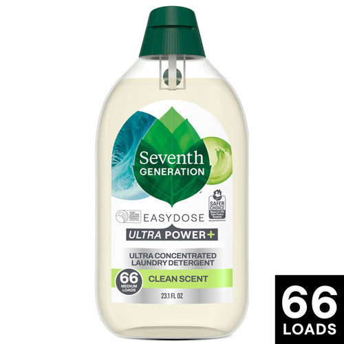 Clear bottle of Seventh Generation EasyDose Ultra Power+ liquid laundry detergent with green cap and label
