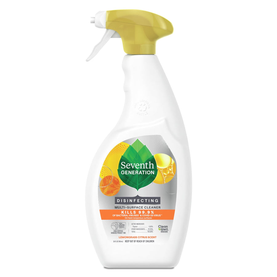 Front-facing Seventh Generation disinfecting multi-surface cleaner bottle with lemongrass citrus label and yellow spray top