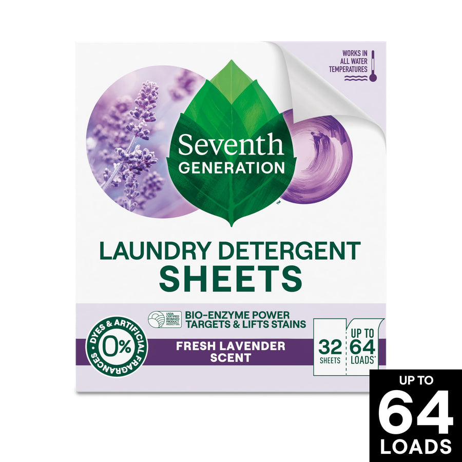 Seventh Generation laundry detergent sheets box with lavender imagery and green leaf logo