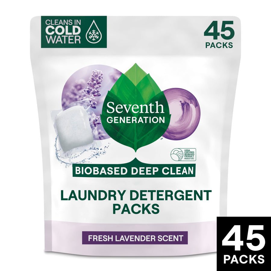 Seventh Generation Biobased Deep Clean laundry detergent packs pouch with lavender imagery and '45 packs' label