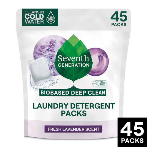 Seventh Generation Biobased Deep Clean laundry detergent packs pouch with lavender imagery and '45 packs' label