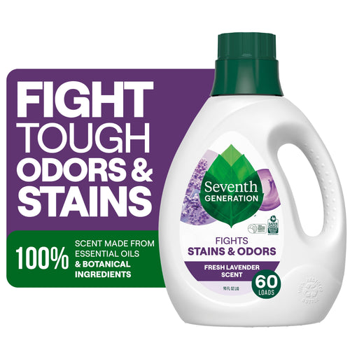 Seventh Generation lavender liquid laundry detergent bottle with label and text callout about fighting odors and stains
