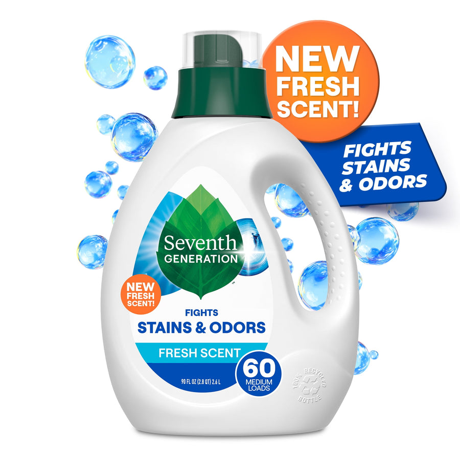Seventh Generation liquid laundry detergent bottle with Fresh Scent label and promotional bubbles