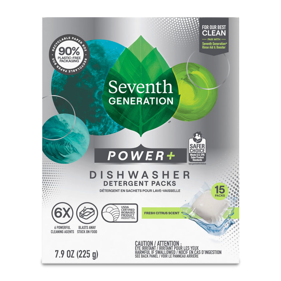 Seventh Generation Power+ dishwasher detergent packs box with green leaf logo and fresh citrus imagery