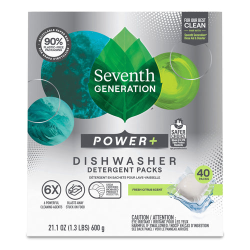 Front-facing Seventh Generation Power+ dishwasher detergent packs box with leaf logo and product callouts