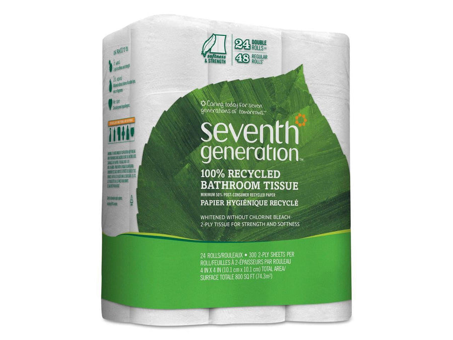 Seventh Generation package of white recycled bathroom tissue showing green leaf graphic and product branding