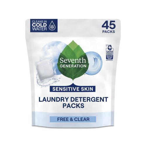 Seventh Generation Sensitive Skin Free & Clear laundry detergent packs pouch on a white background showing brand logo and product name