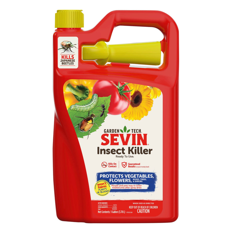 Red one-gallon Sevin Garden Tech Insect Killer bottle with yellow sprayer and label showing vegetables and sunflower.