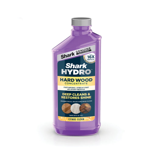 Purple Shark HYDRO hard wood concentrate bottle with label showing deep cleans and restores shine.
