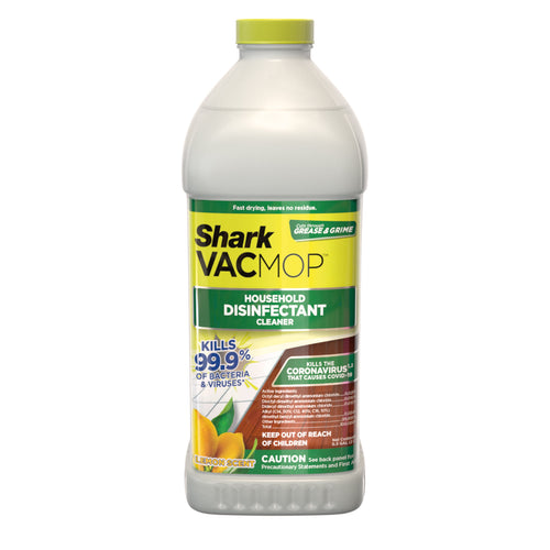 Tall Shark VACMOP disinfectant cleaner bottle with yellow cap and green label on white background.