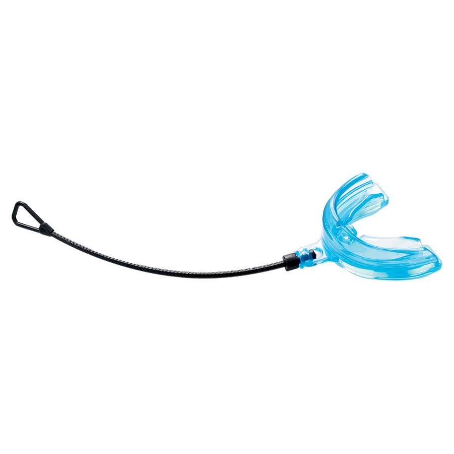 Transparent blue silicone braces-style mouthguard attached to a black quick-release tether on white background