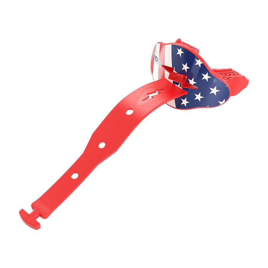 Red Shock Doctor Bolt lip guard with stars-and-stripes inner shield and adjustable strap shown on white background